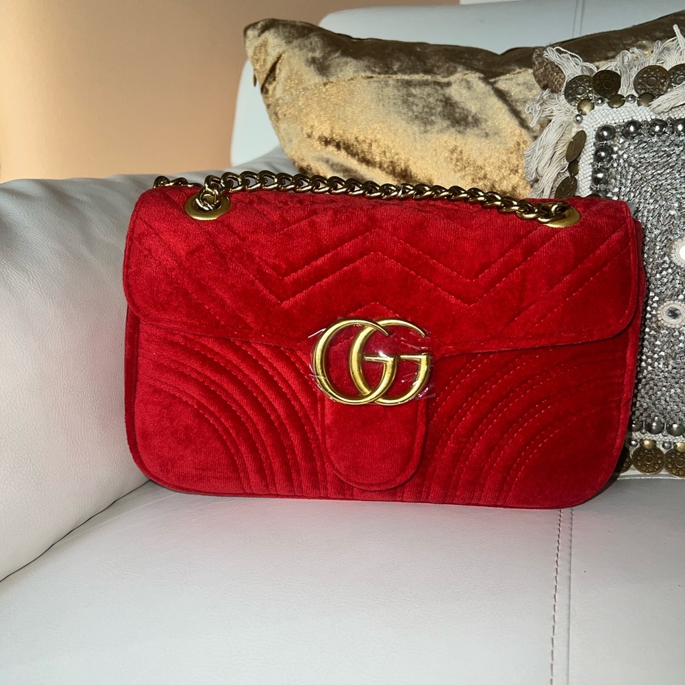 Red suede gold chain purse